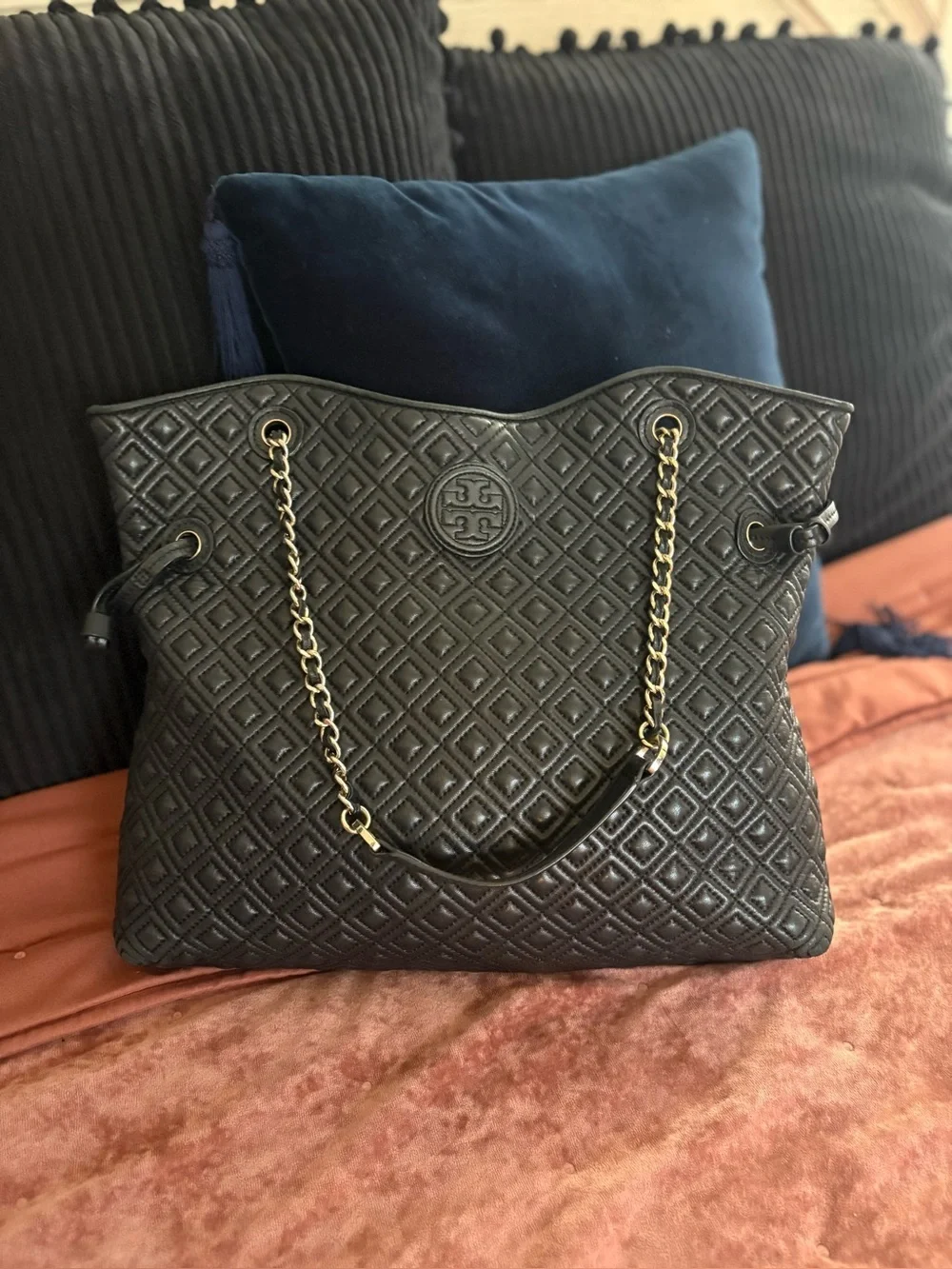 Tory Burch Quilted Diamond Marion Slouchy Tote Bag Black